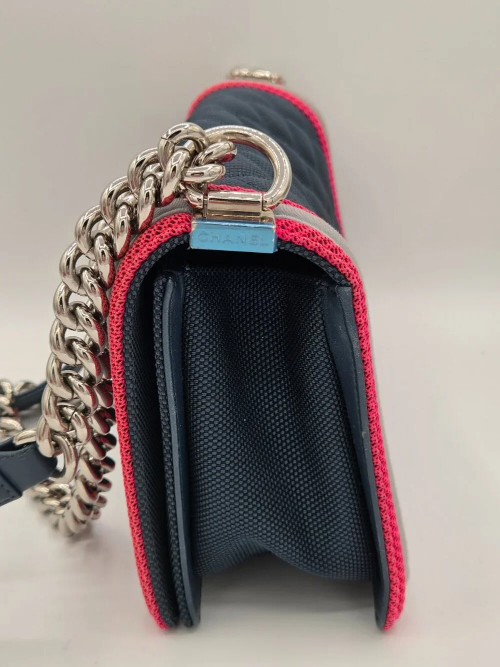 Chanel Medium Fluo Boy Flap Bag – Navy Quilted Canvas | Fuchsia & Grey Trim